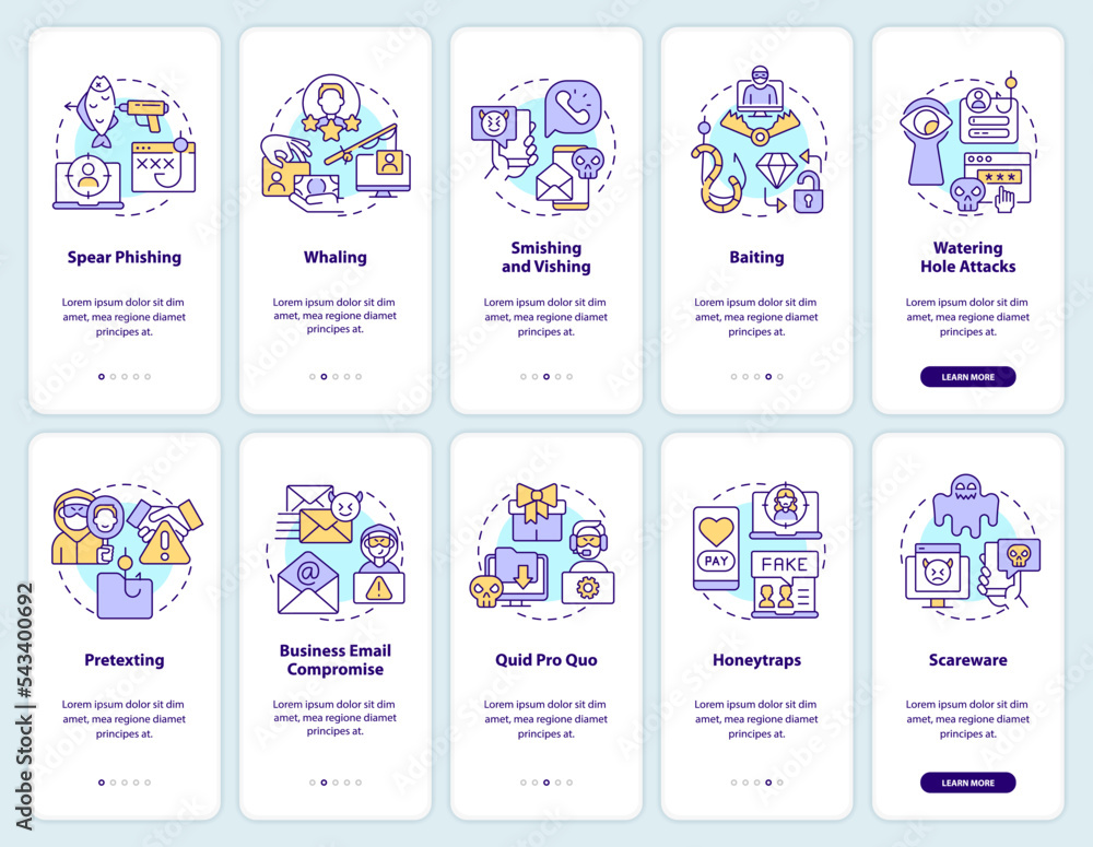Poster types of cybercrime attacks onboarding mobile app screen set. threats walkthrough 5 steps editable g