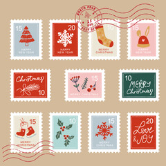 Hand drawn christmas postage stamp collection.