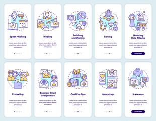 Obraz premium Types of cybercrime attacks onboarding mobile app screen set. Threats walkthrough 5 steps editable graphic instructions with linear concepts. UI, UX, GUI template. Myriad Pro-Bold, Regular fonts used