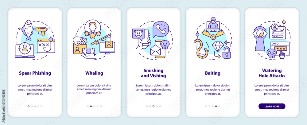 Poster types of social engineering attacks onboarding mobile app screen. walkthrough 5 steps editable graph