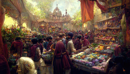 AI generated image of an ancient Indian market with many small shops and customers in attendance