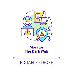 Monitor dark web concept icon. Check personal exposed data. Prevent cybercrime abstract idea thin line illustration. Isolated outline drawing. Editable stroke. Arial, Myriad Pro-Bold fonts used