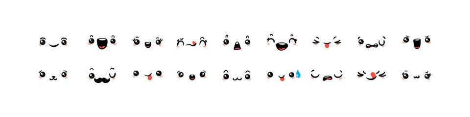 Various Cartoon Emoticons Set. Doodle faces, eyes and mouth. Caricature comic expressive emotions, smiling, crying and surprised character face expressions