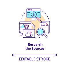 Research sources concept icon. Check information in Internet. Digital protection tip abstract idea thin line illustration. Isolated outline drawing. Editable stroke. Arial, Myriad Pro-Bold fonts used