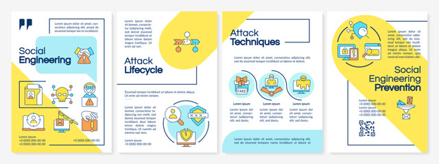 Social engineering blue and yellow brochure template. Cybercrime. Leaflet design with linear icons. Editable 4 vector layouts for presentation, annual reports. Questrial, Lato Regular fonts used © bsd studio
