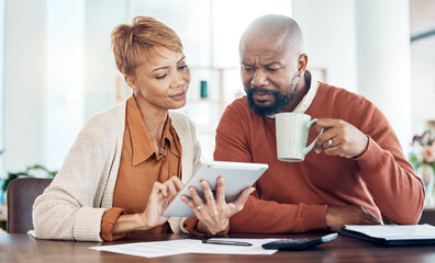 Bills, couple and digital tablet with home finance on internet banking for mortgage loan, insurance...