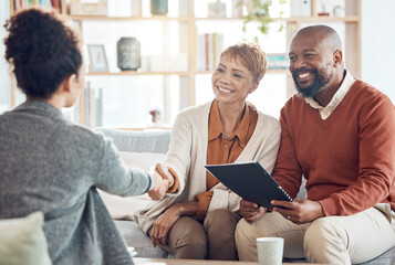 Business meeting, welcome handshake and couple meet with lawyer or financial advisor. Elderly...