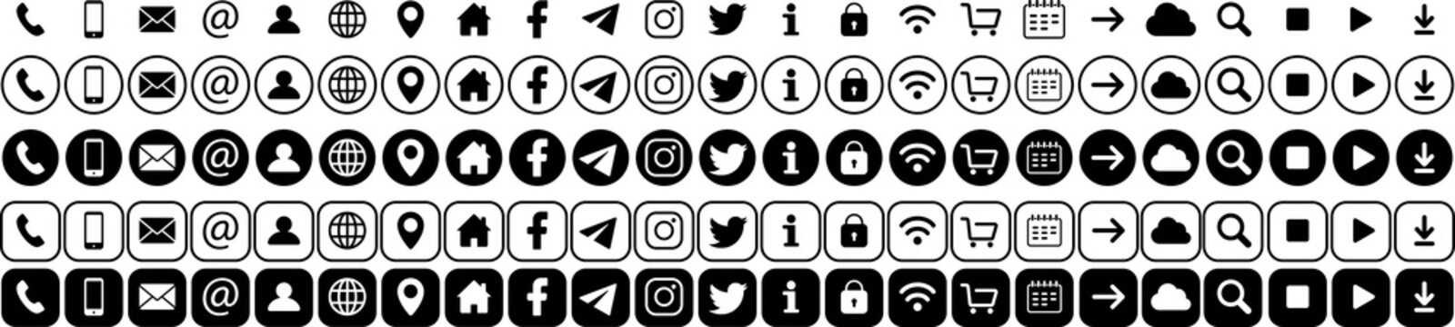 Contacts vector icons, social icons in black color flat style. Icons with round and square strokes. Icons for your design on transparent background. PNG image
