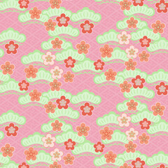 紗綾形菱に梅松・淡紅