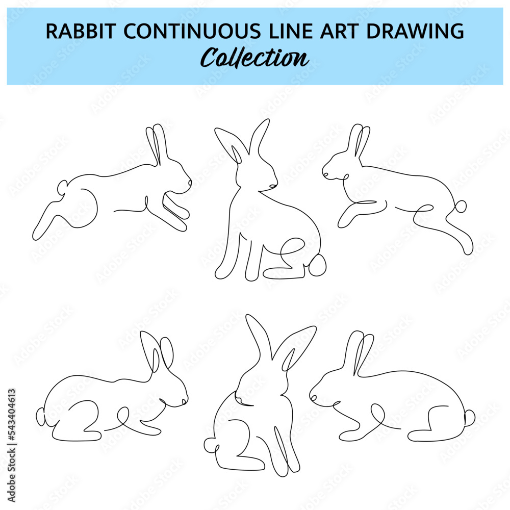 Poster set of rabbit line design. bunny decorative elements drawn with one continuous line. vector illustra