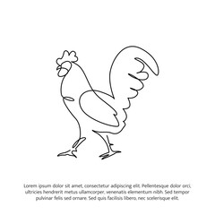 Rooster line design. Hen decorative elements drawn one continuous line. Vector illustration of minimalist style on white background.