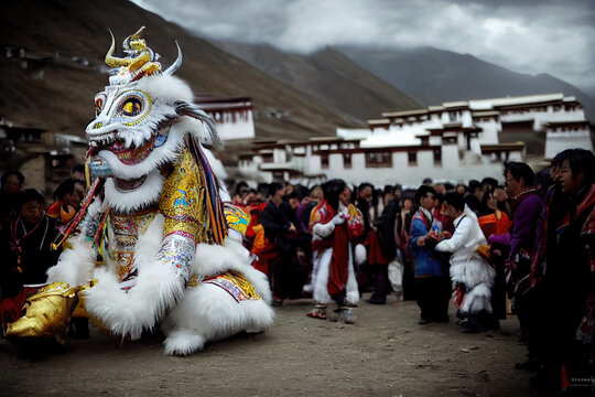 AI generated image of a large crowd of people celebration Losar, the Tibetan new year with a costumed parade 