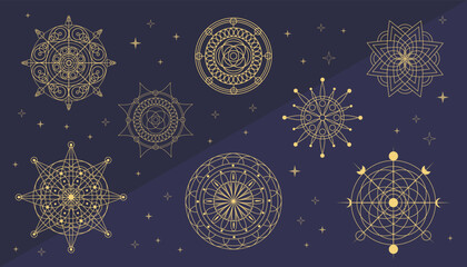 Mystic set of abstract golden emblems. abstract night sky, snowflakes, ornamental boho elements.