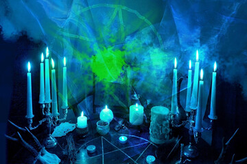 esoteric table in dark blue room, pentagram is drawn, candles burn, oracle foretelling, smoke,...