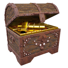 Gold bars or ingots are placed in a treasure chest. Box is made of old rusty metal wood, there is a treasure inside is a gold bar. The most popular assets in the collection of investors. 3D rendering.