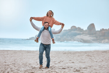Portrait of dad with girl kid on shoulders at beach, sea and nature for happy family vacation,...
