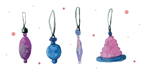 Illustration Christmas tree watercolor toys set soft style, blue, purple color