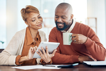 Finance, tablet and black couple doing online banking in home to check bank statement, account and payment. Budget, accounting and middle aged man and woman with documents, paperwork and digital tech