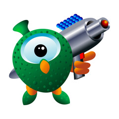Green alien owl one eyed emoticon with a spacegun. Full vector artwork