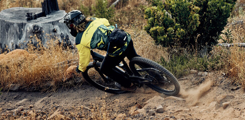 Mountain bike speed, dust on ground from fast drift turn and race, rally or competition outdoor....