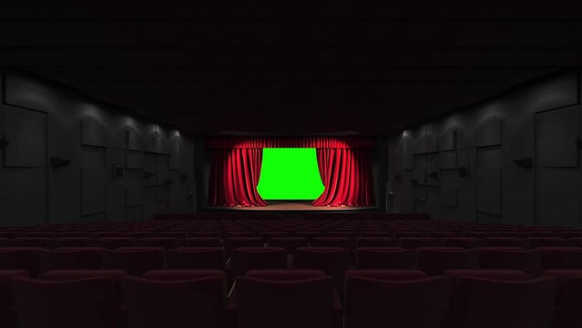Cinematic dolly shot of empty classic theatre with red velvet curtains opening stage - wide view