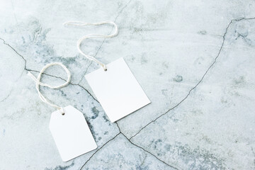 Rectangle tag mockup, square tag mockup with white cord on concrete background