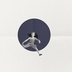 Contemporary art collage. Little retro girl jumping, playing, having fun on light background. Concept of children, sport, creativity, design, education, childhood. Copy space