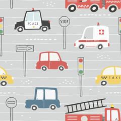 Seamless pattern with cute cars, traffic lights and traffic signs.