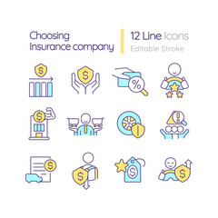 Fototapeta premium Choosing insurance company RGB color icons set. Policyholders pros. Coverage service. Isolated vector illustrations. Simple filled line drawings collection. Editable stroke. Quicksand-Light font used