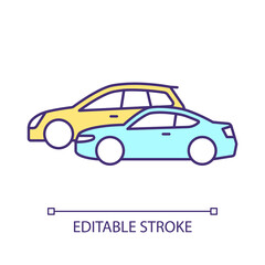 Private cars RGB color icon. Passenger automobile. Diving vehicle. Transportation services. Isolated vector illustration. Simple filled line drawing. Editable stroke. Arial font used