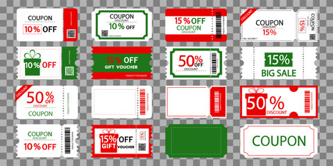 Coupon cards ,tickets,gift vouchers or certificates.Christmas gift voucher card .Discount coupon template.Ticket card for website and social media. Set of christmas coupons on transparent background. - obrazy, fototapety, plakaty
