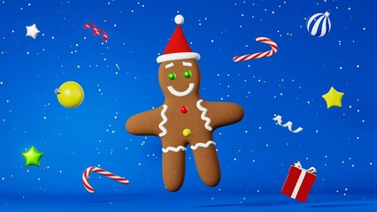 Christmas cookie Gingerbread man in Santa hat snow 3d animation blue background. Xmas party advertisement. New Year greeting card Festive winter holiday website screensaver candy cane decorations 4K - Powered by Adobe