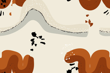 Curve brush stroke line drawing background, abstract shape creative pattern. Brown blue neutral art, dots lines