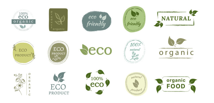 Vector set of hand drawn eco logos and emblems of organic food, natural products, advertising badges collection, organic product promotion, healthy lifestyle. isolated on white background