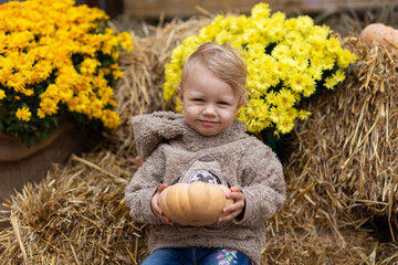 A small child holds a pumpkin in his hands on a background of hay
