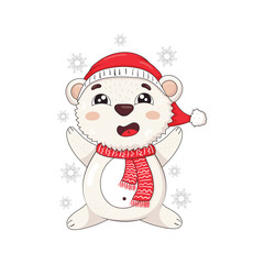 Cute polar bear in a knitted winter scarf and a santa hat sits and catches snowflakes