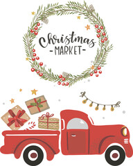 Cute vector illustration of a red Christmas truck. Can be used for cards, flyers, posters
