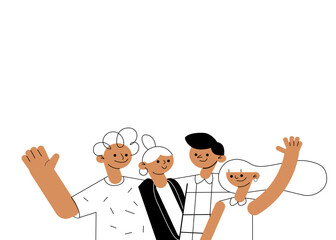 Group of abstract diverse people.Friends or coworkers are standing, hugging, posing together. Cartoon characters.Teamwork, togetherness, friendship concept.Hand drawn colorful.People working remotely.