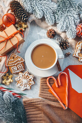 Christmas background flat lay top view, atmospheric decor and a cup of cocoa