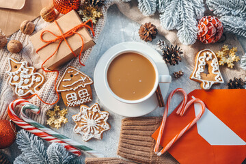 Christmas background flat lay top view, atmospheric decor and a cup of cocoa