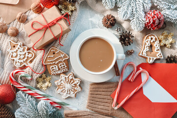 Christmas background flat lay top view, atmospheric decor and a cup of cocoa