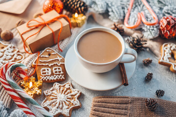 A cup of coffee in a Christmas atmosphere