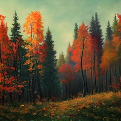 autumn in the forest, colourful, gold, vibrant, sunlight, light, Generative AI
