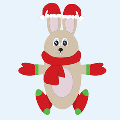 Red New Year's rabbit in a scarf, gloves and Santa's cap
