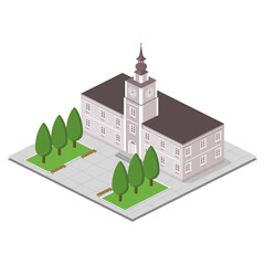 Grey city hall, town hall, tower, background, isometric.