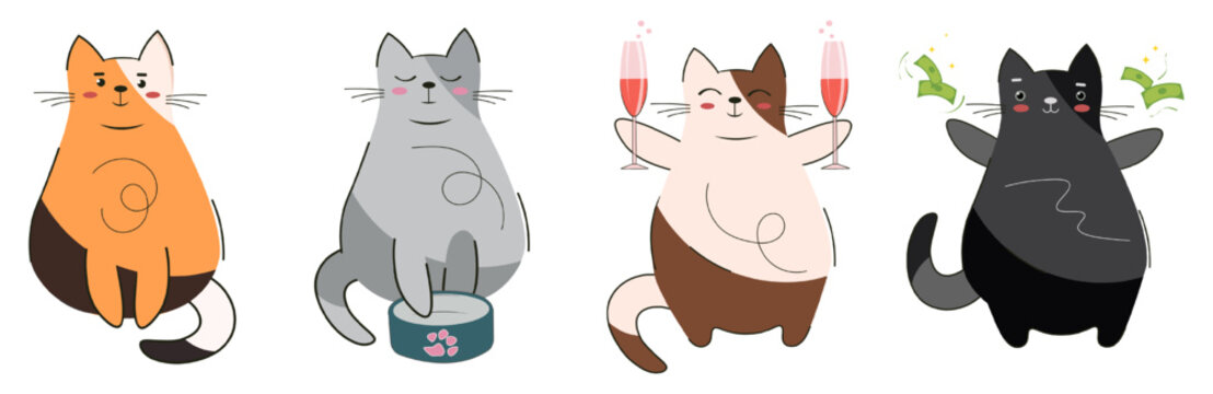 Set of four funny cats. Vector cartoon in flat style for stickers. A cute cat sits, waits for food at the bowl, celebrates with a glass of wine, the winning kitten catches flying banknotes.