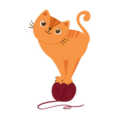 Cat playing with yarn ball. Cute playful kitten character. Cozy postcard. Mascot of Goods for pets. Vector illustration