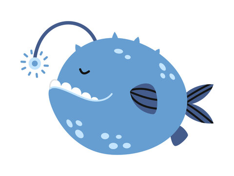 recommend clip art: Vector blue angler fish. Cute sea fish in flat design. Lophius with flashlight.