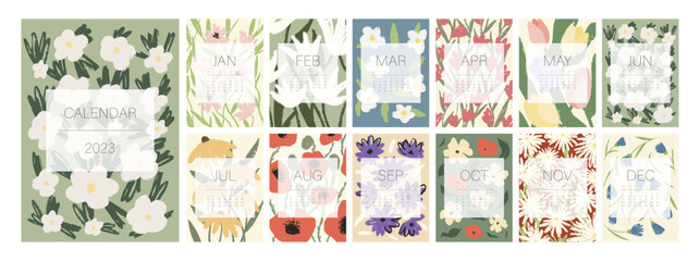 Floral calendar template for 2023. Vertical design with bright colorful flowers and leaves. Editable illustration page template A4, A3, set of 12 months with cover. Vector mesh. Week starts on Monday. - obrazy, fototapety, plakaty