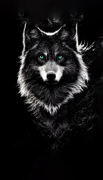 Template of Portrait of black wolf with a black background